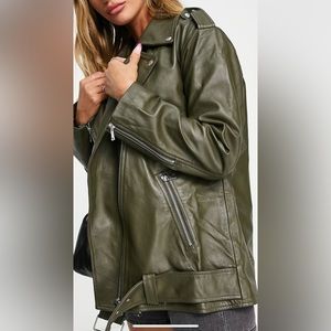 Never Worn ASOS Dark Green Faux Leather Moto Jacket